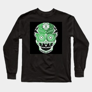 skull mania ecopop tribal mexican art in green Long Sleeve T-Shirt